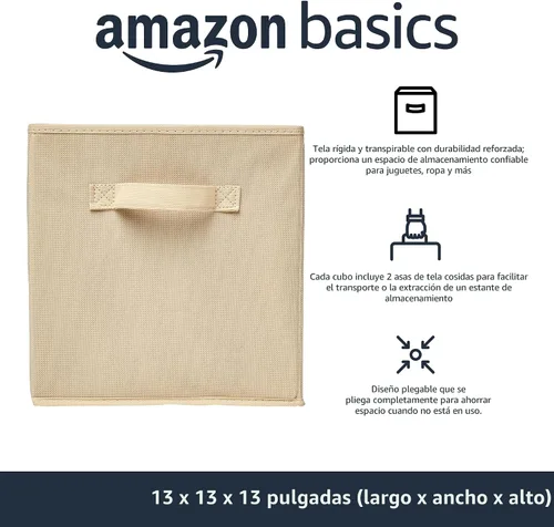 Miniatura 2 de Amazon Basics Organizador para almacenamiento, de tela, plegable, con forma de cubo, con asas, color beige, resistente, 33 x 33 x 33 cm, paquete de 6