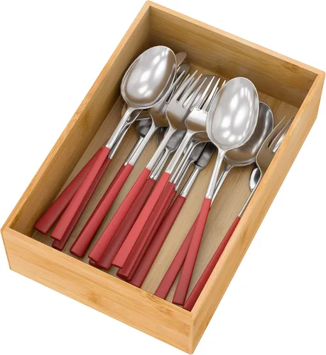Miniatura 11 de Organizador de cajones de bambú portautensilios para cocina, organizador de almacenamiento de cubiertos de madera pequeña, bandeja de caja apilable