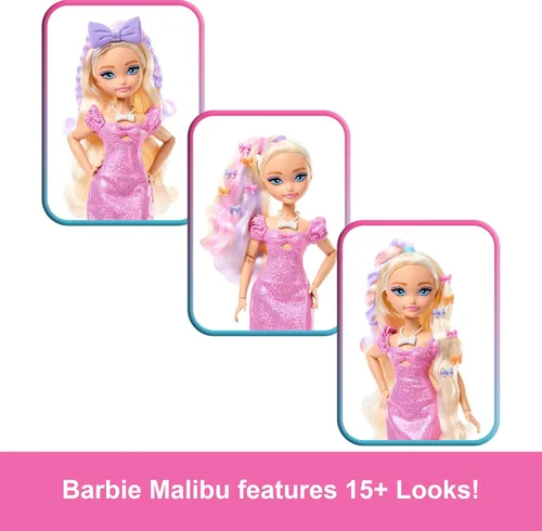Miniatura 5 de Muñeca de moda Barbie Dream GET Ready Malibu con cabello estilizado, incluye accesorios sorpresa para el cabello y más de 15 looks
