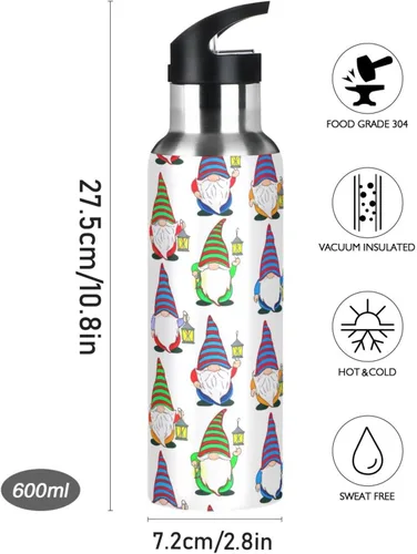 Miniatura 9 de Insulated Stainless Steel Water Bottle with Straw 20 Oz, Leakproof Water Bottles for Gym Outdoor Travel School, Cute Gnomes