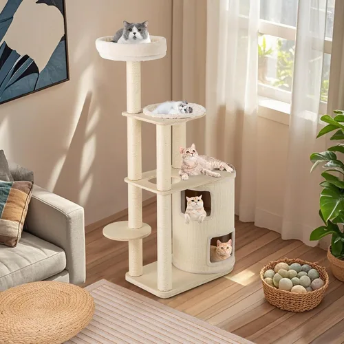 Miniatura 2 de Tangkula Torre de árbol para gatos, torre de madera moderna de varios niveles para gatos de 60 pulgadas con condominio de 2 pisos, postes rascadores
