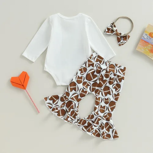 Miniatura 3 de BULINGNA 3Pcs Infant Baby Girl Football Season Outfits Love Bodysuit Romper Heart Shape Football Flared Pants with Headband