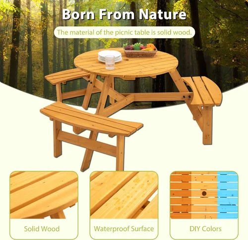 Miniatura 5 de Mesa de picnic redonda de madera para 6 personas, mesa de comedor al aire libre de 35 pulgadas con 3 bancos integrados, agujero para paraguas, mesa