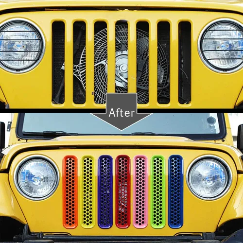 Miniatura 5 de Juego de 7 insertos de malla de rejilla frontal de ABS, kit de molduras compatibles con Jeep Wrangler TJ y Unlimited 1997-2006