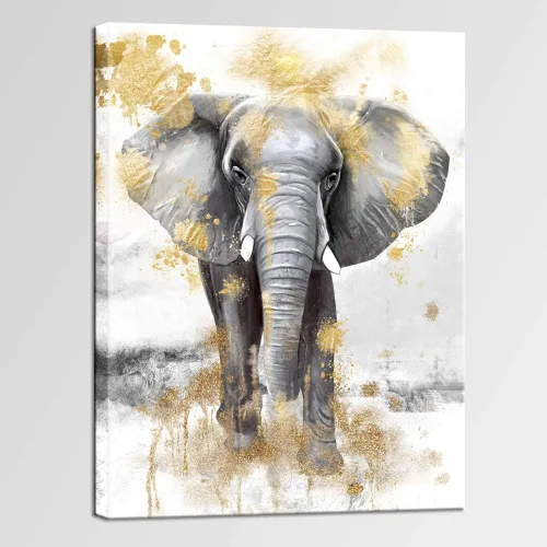 sechars Cuadro moderno de animales para pared, pintura de elefante dorado y gris, impresiones en lienzo, arte contemporáneo para sala de estar,