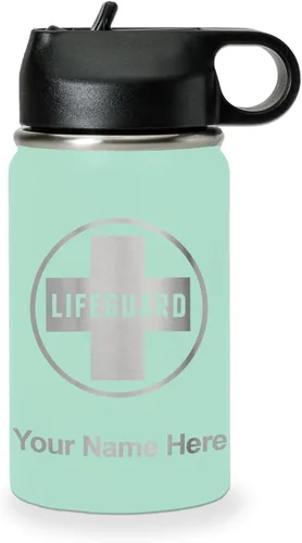 Miniatura 60 de LaserGram Botella de agua personalizada, salvavidas, acero inoxidable de doble pared aislada al vacío con popote superior, regalo grabado Negro