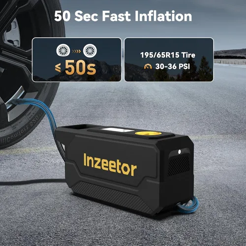 Miniatura 2 de Compresor de aire portátil, inflador de neumáticos de 150 PSI, bomba de aire de 12 V CC con apagado automático, manómetro digital y luz LED de Negro