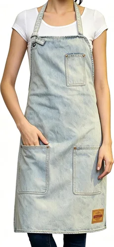 Miniatura 14 de Delantal de Chef de Mezclilla para Mujeres con Bolsillos, Delantal de Cocina de Camarera de Jean para Hombres para Cocinar Jardinería Pintura