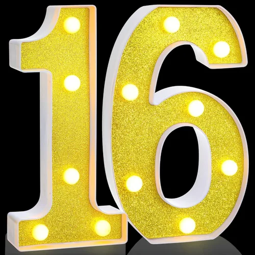 Treela Números LED iluminados decorativos de 8.7'' de cumpleaños, letrero de números de marquesina de purpurina para decoraciones de fiesta de Oro