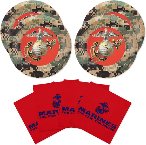 ¡Fiesta de los Marines de los Estados Unidos para 16 invitados! Incluye 16 platos de 7 pulgadas y servilletas de almuerzo con el camuflaje, logotipo
