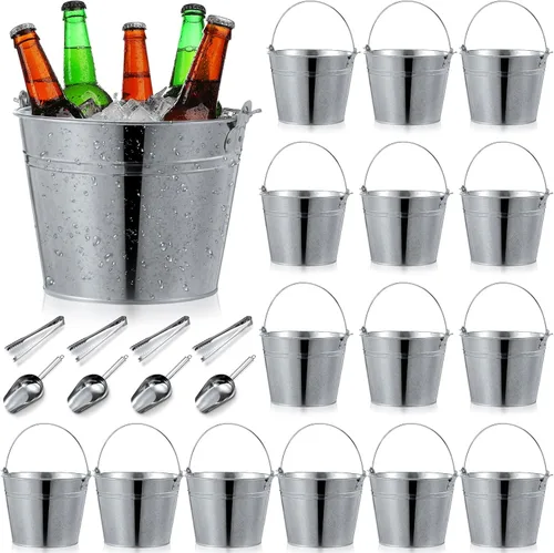 Miniatura 8 de Zopeal Juego de 24 cubos de cerveza galvanizados, 16 cubos de metal con 4 cucharadas y 4 pinzas, cubo de hielo rústico de 7 pulgadas para fiestas