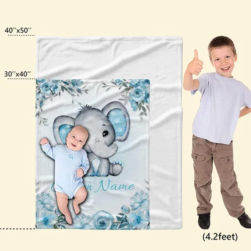 Miniatura 7 de Manta personalizada de elefante azul floral con nombre para niñas, manta con nombre personalizado para niños pequeños, regalos personalizados