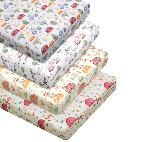 VitalCozy Juego de 4 sábanas bajeras para cuna con animales de granja, ropa de cama para recién nacidos, sábanas para cuarto de bebé para niñas y
