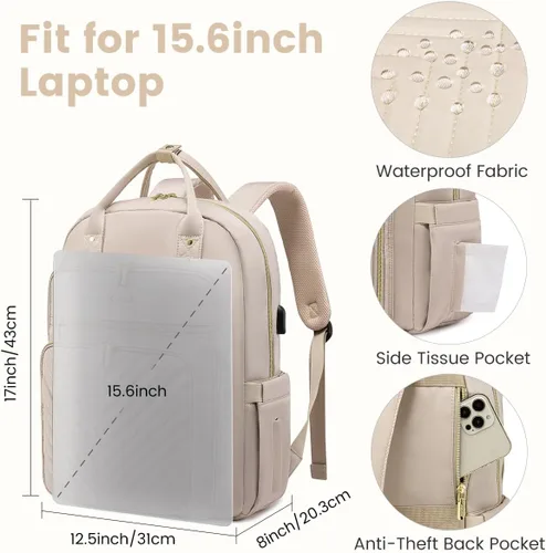 Miniatura 5 de LOVEVOOK Mochila para laptop para mujer, mochila de trabajo de moda con puerto USB, mochilas impermeables para el trabajo., Color blanco