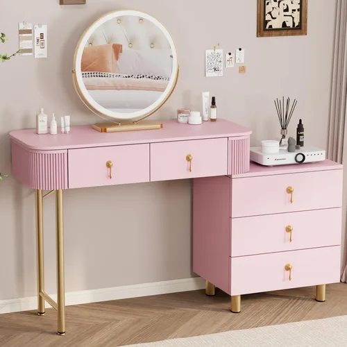 Royal Windsor Escritorio de maquillaje con espejo y luces, mesa de tocador moderna con 5 cajones, escritorio de maquillaje con 3 modos de Rosa