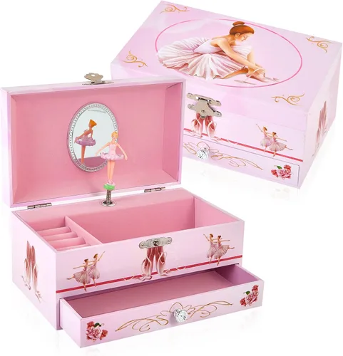 Joyero musical de bailarina clásica con cajón y bailarina, regalos para niñas para almacenamiento de joyas, caja de música para niñas de 3 a 12 años