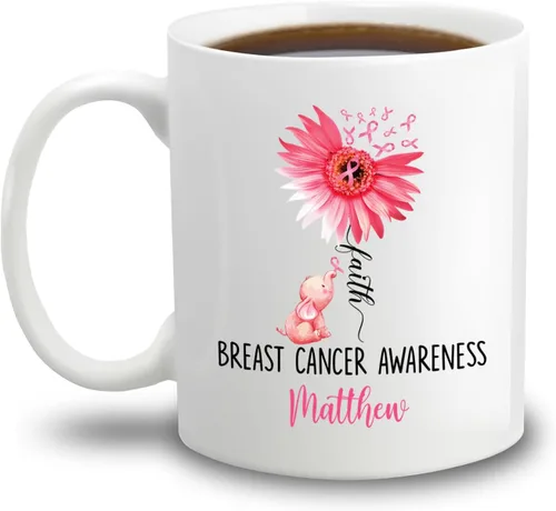 Taza de café de concientización sobre el cáncer de mama con nombre personalizado, taza de café de 11 onzas, taza de té de cerámica blanca