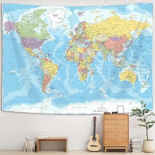 Miniatura 2 de TOMOZ Tapiz de mapa del mundo para colgar en la pared para niños y estudiantes, mapa del mundo con países y ciudades principales, tapiz educativo
