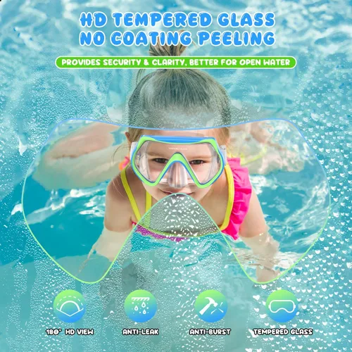 Miniatura 2 de Juego de esnórquel con aletas de máscara para niños, equipo de esnórquel con parte superior seca para niños, jóvenes, niños y niñas, 1Y-5Y Azul +