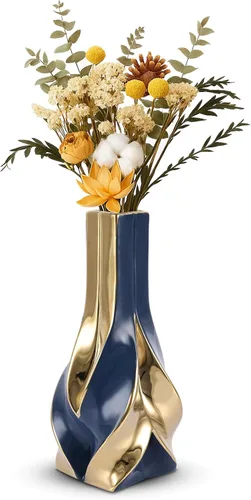 Miniatura 14 de Jarrón de cerámica verde y dorado de 10.6 pulgadas, moderno jarrón de flores geométrico para centro de mesa de comedor, elegante jarrón decorativo