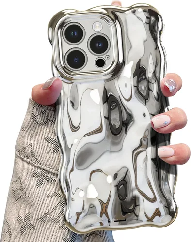 Miniatura 8 de UEEBAI Funda ondulada para iPhone 12 Pro Max, bonita cubierta plateada con forma de onda para iPhone, bonita funda estética 3D para teléfono, Blanco