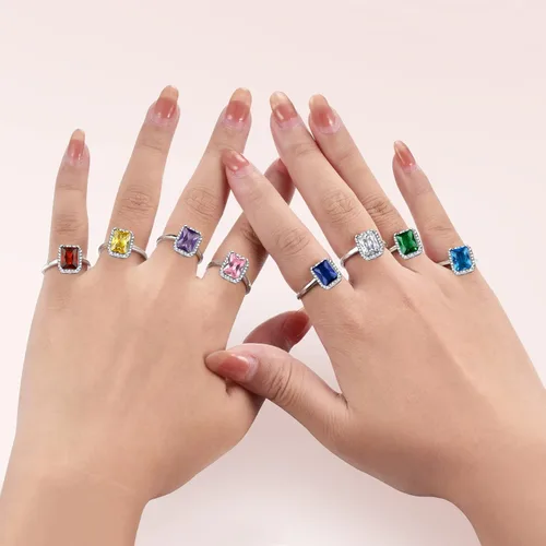 Miniatura 6 de 925 Sterling Silver Birthstone Rings for Women Girls with Clear 2ct HeartRoundTeardropSquare Crystal, Solitaire Diamond Halo Open Bands Cubic