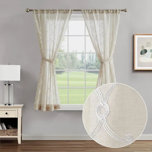 Miniatura 9 de Creative Home Ideas Cortinas transparentes (2 paneles, 38 x 63 pulgadas, azul), paneles de cortina geométricos bordados con alzapaños, cortinas