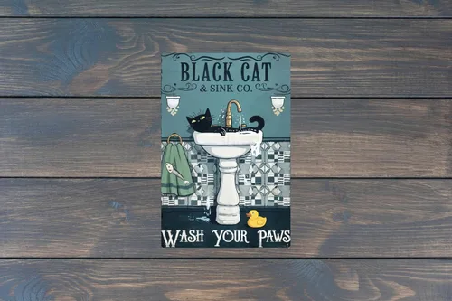 Miniatura 6 de Cartel divertido de gato negro en metal para decoración de baño, letreros de lata para baño, letreros de pared, decoración divertida para inodoro