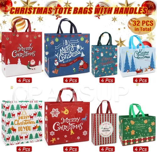Miniatura 2 de PARSUP 32 bolsas de regalo de Navidad con asas, bolsas de varios tamaños para golosinas, bolsas de Navidad no tejidas para envolver regalos