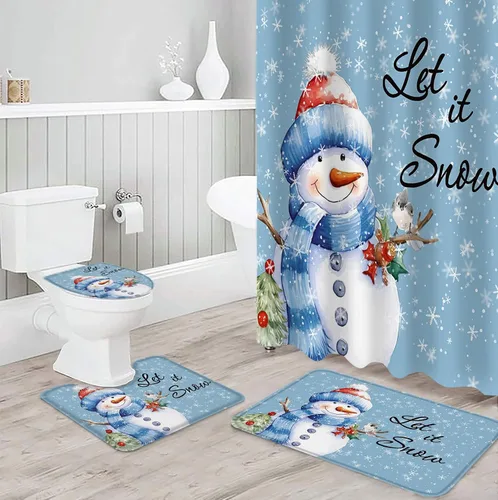 Miniatura 3 de Juego de baño de Navidad con cortina de ducha y accesorios para alfombra, cortina de 36 x 72 pulgadas de largo con tapete de baño pequeño, juego