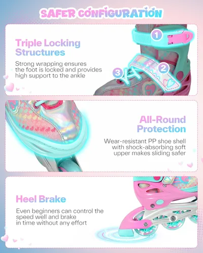 Miniatura 6 de Sportneer Patines en línea ajustables de 4 tamaños para niñas, patines en línea para niños, talla 12C-9 con ruedas iluminadas, patín