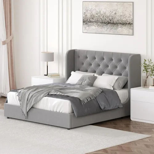 Miniatura 8 de HOMBCK - Marco de cama tamaño completo, base de cama tapizada en plataforma gris con cabecero, terciopelo acolchado, diseño de ala curvada, listones