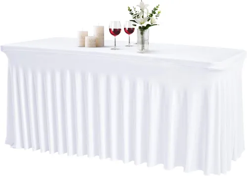 Miniatura 16 de JCJ Faldón de mesa para mesas rectangulares, manteles negros ajustados de spandex para mesas de 4 pies, faldones de mesa elásticos con volantes