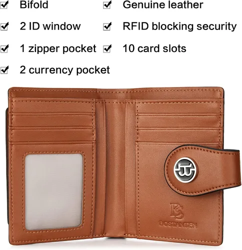 Miniatura 4 de BOSTANTEN - Billetera de cuero para mujer con bloqueo RFID, pequeña, con cremallera, de bolsillo, para tarjetas, con ventana para documento