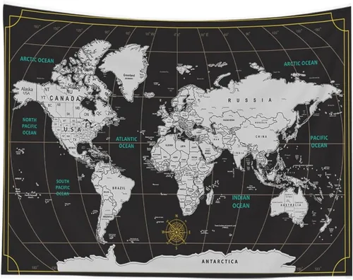 CAPSCEOLL Tapiz de mapa del mundo para colgar en la pared, tapiz blanco y negro para decoración del hogar, 40 x 30 pulgadas, mapa para habitación de