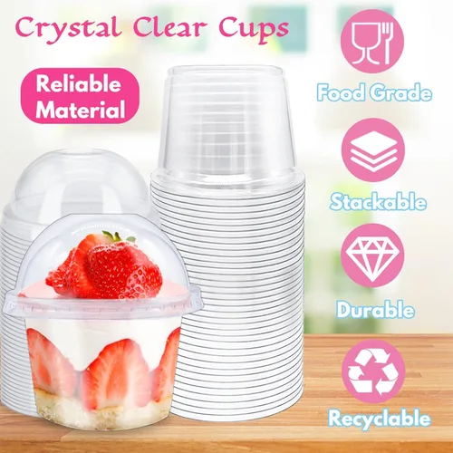 Miniatura 3 de Alaeseje Paquete de 100 vasos de plástico de 8 onzas con tapas de cúpula (agujero en la tapa), vasos transparentes de PET, vasos de postre