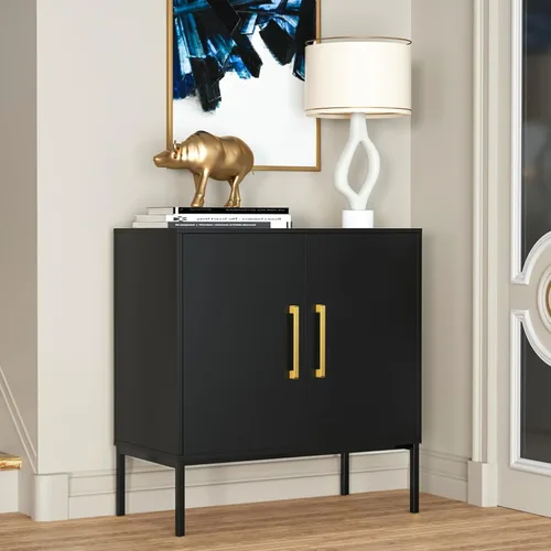 JOZZBY Aparador de buffet con almacenamiento, gabinete de madera moderno con estantes ajustables, gabinetes negros y dorados para sala de estar,