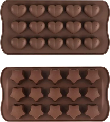 2 moldes de silicona con forma de corazón y estrella, 15 cavidades para chocolate, bandejas de cubitos de hielo, dulces, pasteles, 100 % de grado