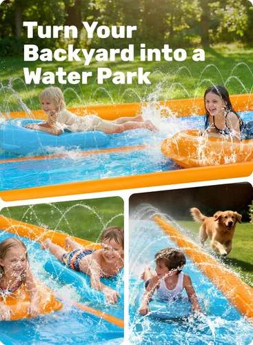 Miniatura 6 de Sloosh Tobogán acuático de doble carril, tobogán de agua resistente de 25 x 6 pies con aspersor y 2 tablas inflables para adultos y niños, fiesta
