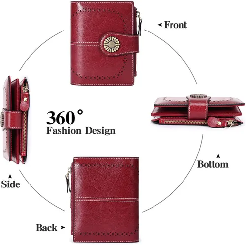 Miniatura 124 de SENDEFN - Billetera pequeña de piel auténtica para mujer, diseño plegable con ventana para tarjeta de identificación