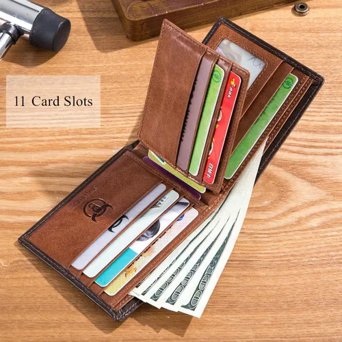 Miniatura 4 de BULLCAPTAIN Carteras RFID para hombres Slim Bifold Cuero Genuino Bolsillo Frontal Cartera con 2 ID Windows QB-05, Marrón, Retro
