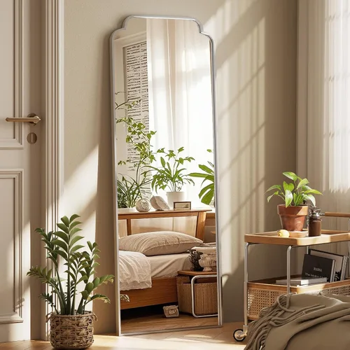Espejo arqueado plateado de cuerpo entero de 21"x56", para colgar en la pared o de piso con marco de metal, espejo arqueado decorativo moderno para