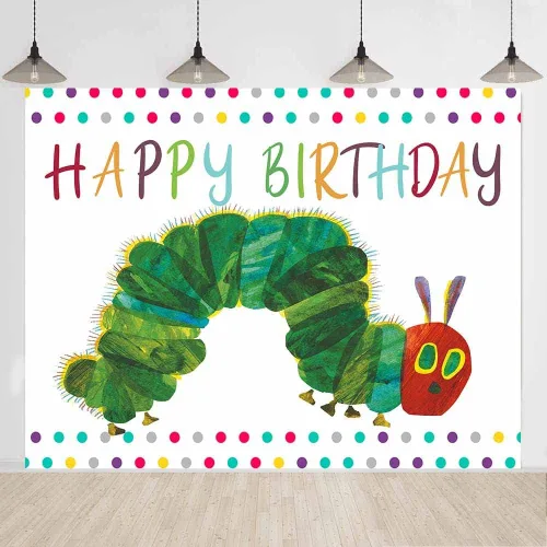 Miniatura 5 de Fondo de fotografía de feliz cumpleaños para fiesta temática de oruga, 7 x 5 pies, dibujos animados de insectos de color arco iris para niños