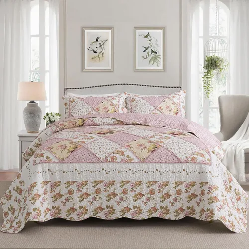 Miniatura 12 de NEWLAKE - Juego de cubrecama reversible con diseño floral a cuadros, tamaño queen Floral a cuadros marrón