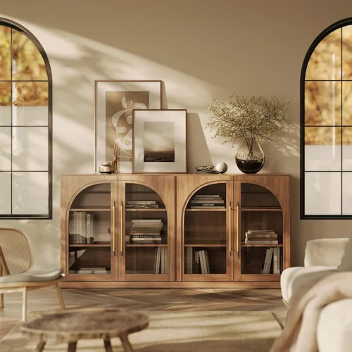 Miniatura 51 de BELLEZE Aparador Modular Acanalado Buffet con Almacenamiento, Mesa Consola Moderna de Mediados de Siglo con Puertas Arqueadas Simétricas, Elegante