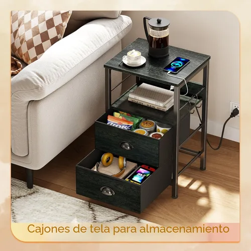 Miniatura 7 de Furologee - Juego de 2 mesitas de noche, roble negro, con estación de carga y puertos USB, mesas auxiliares con 2 cajones de tela, mesas de cabecera