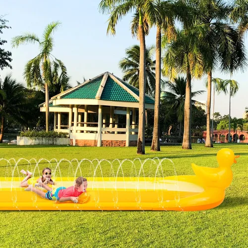 Miniatura 5 de Foilswirl Tobogán acuático de pato 3D de 20 pies, tobogán de agua de doble carril, valla segura de 3 caras, inflable resistente con 2 tablas