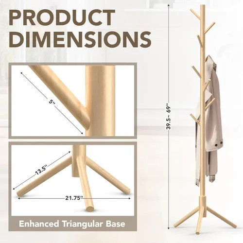 Miniatura 5 de Hupmad - Perchero de árbol de madera, perchero resistente independiente con 8 ganchos, 3 alturas ajustables para niños y adultos, árbol de pie