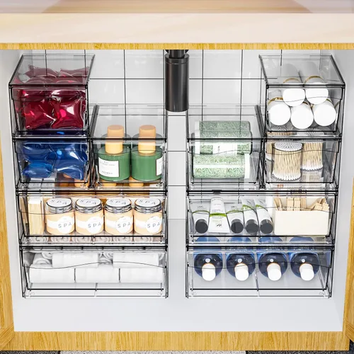 Miniatura 8 de Paquete de 6 cajones de almacenamiento apilables transparentes, organizador de maquillaje de baño grande de 12 pulgadas de ancho y bolígrafo, lentes