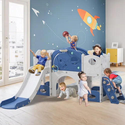 Miniatura 15 de Tobogán infantil 11 en 1, tobogán para niños pequeños de 1 a 3 años con telescopio, aro de baloncesto y telescopio, juego para interiores y Azul